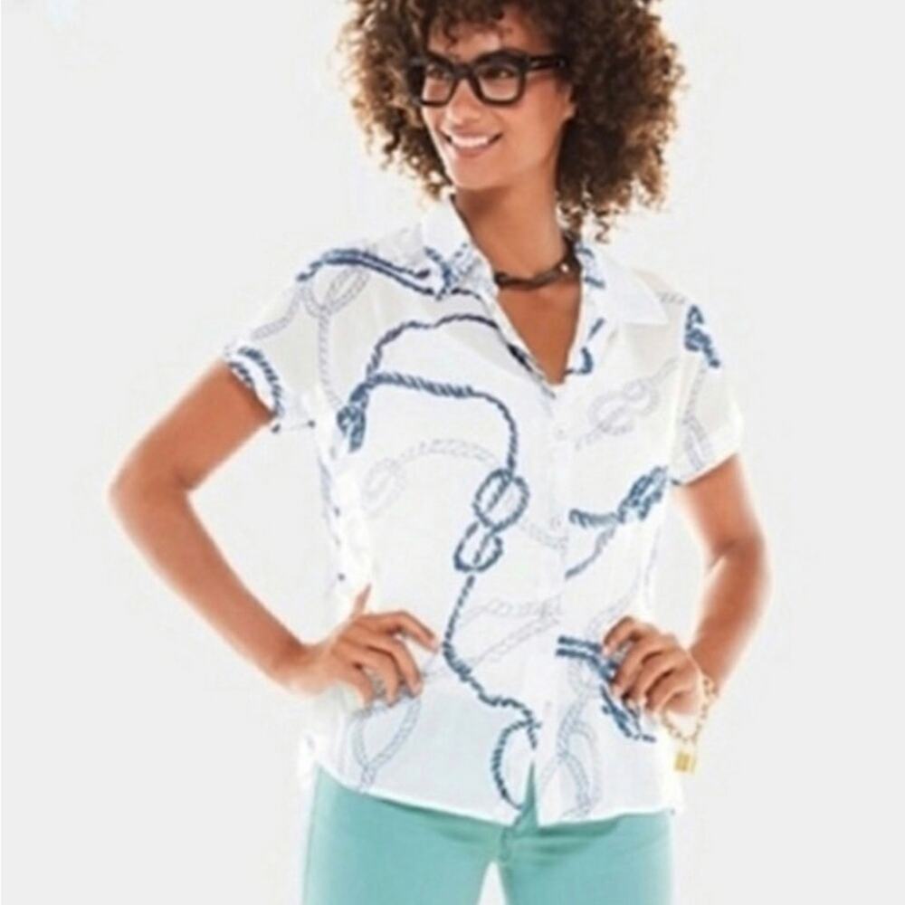 CAbi White Button-Down Short Sleeve Shirt with Navy Rope Print